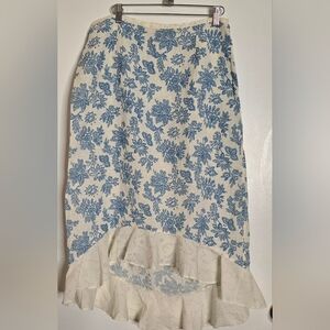 PART TWO Blue Floral Ruffle-Hem Linen Skirt